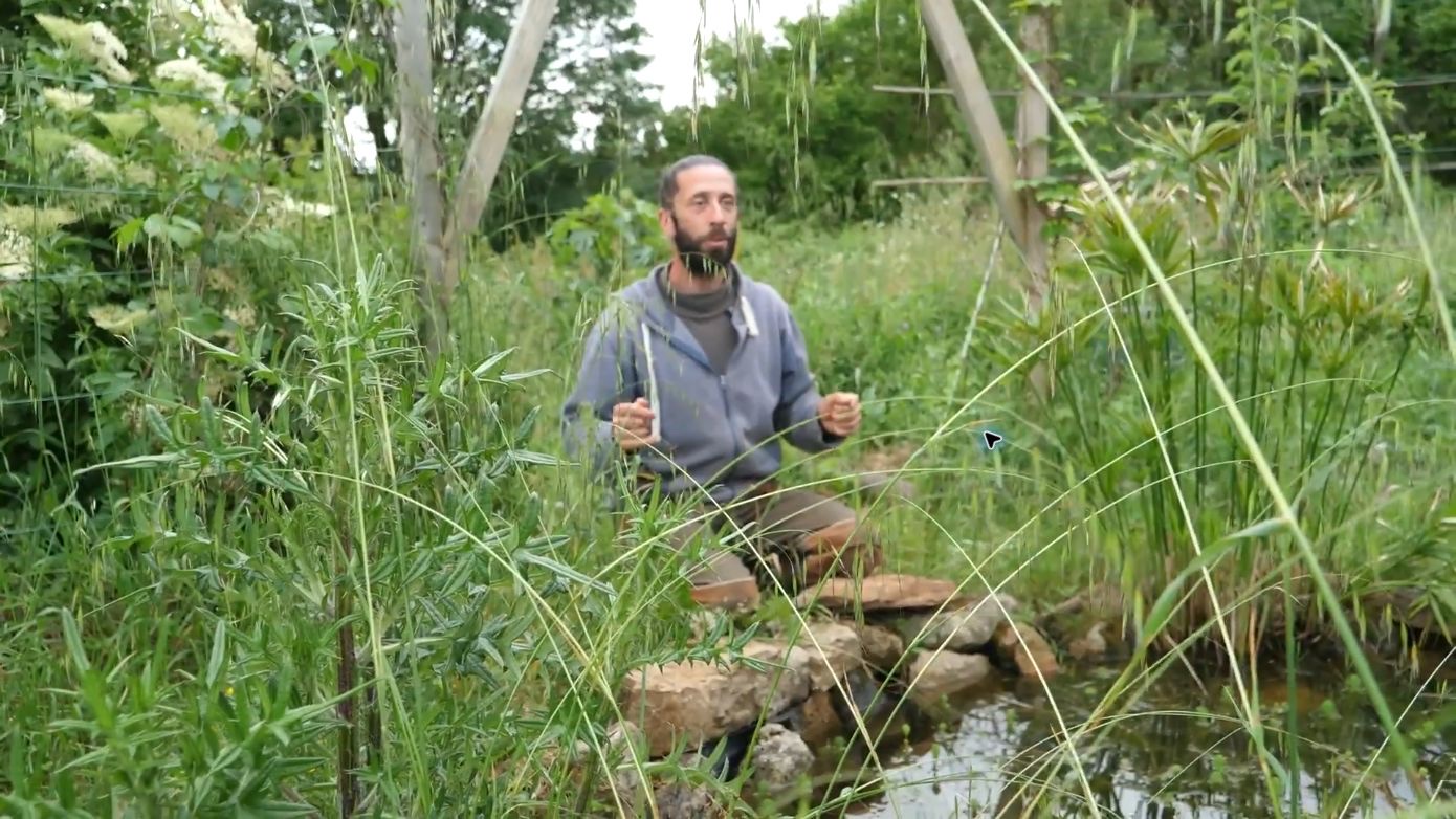 Rémi auprès d’un petit bassin entouré de végétation au Jardin d’Émerveille.